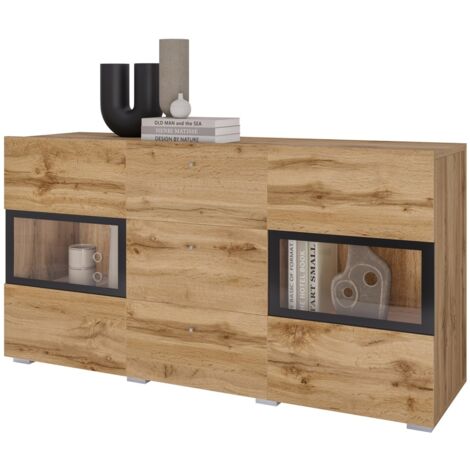 Buffet RAMOS 130 cm – Chêne doré et noir – 2 portes vitrées et 3 tiroirs – Sans LED (1/5)