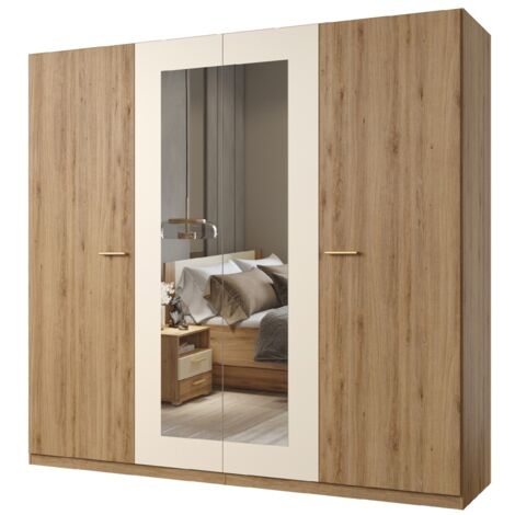 Armoire VERTIGO – 4 portes avec miroir – 228x215 cm – Chêne sauvage et beige sable (1/5)