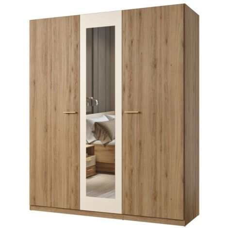 Armoire VERTIGO - 3 portes 179x215 cm – Chêne sauvage et beige sable – Avec miroir central (1/4)
