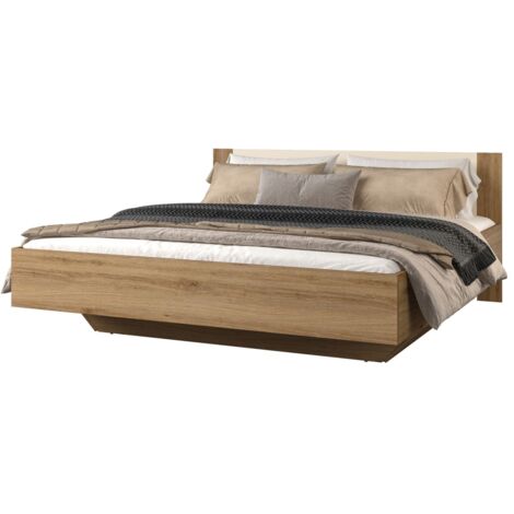 Meublorama – Lit VERTIGO 180x200 cm – Sommier inclus avec lattes – Chêne sauvage et beige sable – Pied de lit design élégant (1/5)