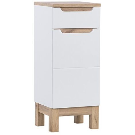 Meuble salle de bain ERMANO – Chêne clair et blanc brillant – 35x86 cm – 1 porte – À poser (1/4)