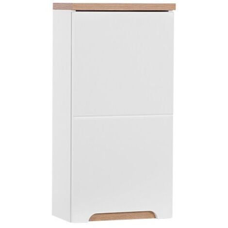 Meuble salle de bain ERMANO – Chêne clair et blanc brillant – 35x70 cm – 1 porte – À suspendre (1/4)