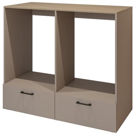 Meublorama – Meuble de rangement machine à laver et sèche-linge – 2 tiroirs – Taupe et chêne – Dimensions 132x117x67 cm (1/5)