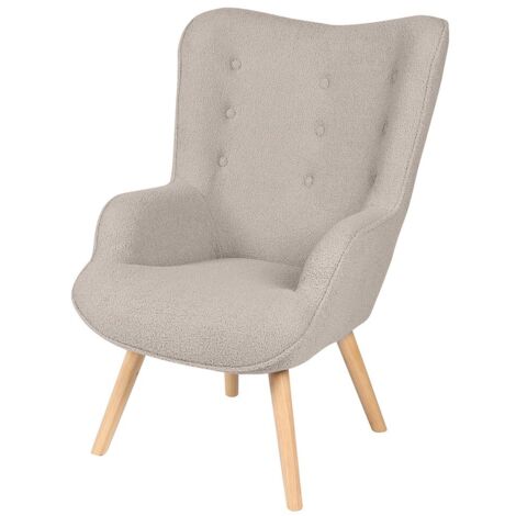 Fauteuil de salon en tissu teddy gris avec pieds en bois collection ENJOY. Style scandinave (1/2)