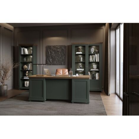 Meublorama – Ensemble bureau ASSIA vert foncé – Bureau 180 x 77 x 70 cm, bibliothèque 71 x 200 x 42 cm, vitrine 125 x 200 x 42 cm (1/5)