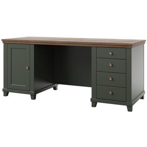 Meublorama – Bureau droit 180 cm vert foncé – Plateau bois stratifié chêne Lefkas – 4 tiroirs et 2 niches – Design chic et élégant (1/5)