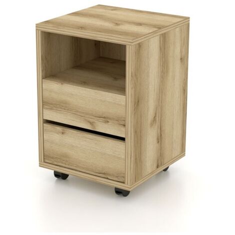 Caisson chêne à roulettes MELTO – 2 tiroirs et 1 niche – Rangement bois clair pratique (1/4)