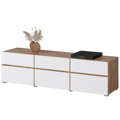 Meuble TV HAVANA – 180 cm – 3 portes abattantes et 3 tiroirs – Chêne et blanc – Design contemporain (1/5)