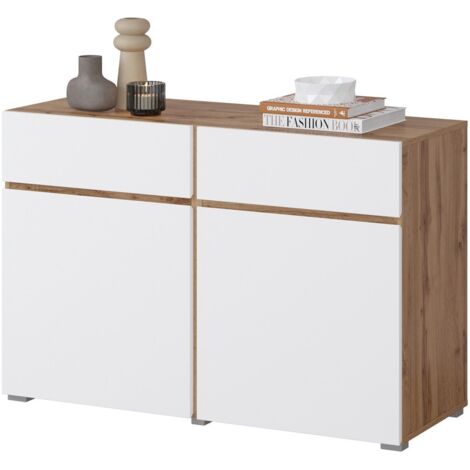Buffet HAVANA – 120 cm – 2 portes battantes et 2 tiroirs – Chêne et blanc – Design moderne (1/5)