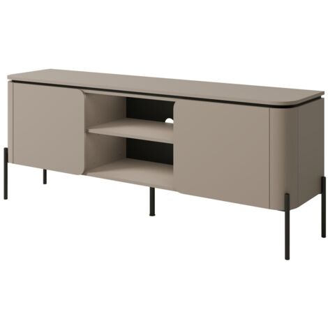 Meuble TV BELLA 2 portes – Finition Congo mat – Design arrondi et pieds métal noirs (1/5)