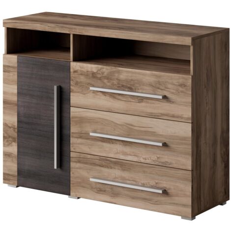 Buffet BRAZZA 1 porte 3 tiroirs – Rangement compact noyer satin – Niches visibles – 119 cm (1/3)