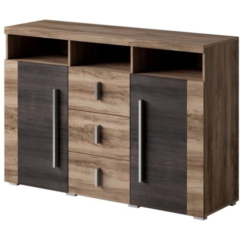Buffet BRAZZA 2 portes 3 tiroirs – Coloris noyer satin – Niches ouvertes – 132 cm (1/3)