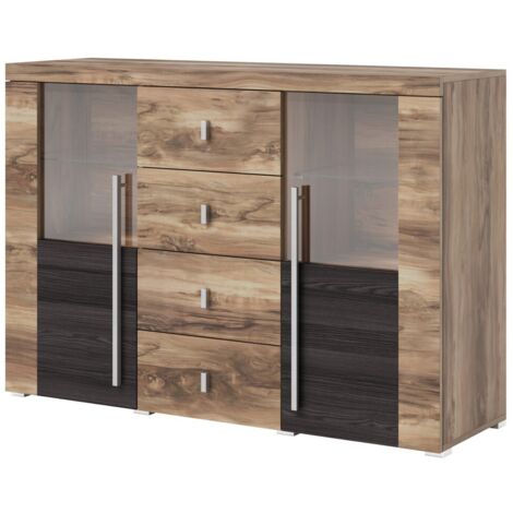 Buffet BRAZZA 2 portes 4 tiroirs – Finition noyer satin – Niches ouvertes et vitrées – 132 cm (1/2)