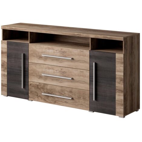 Buffet BRAZZA 2 portes 3 tiroirs – Coloris noyer satin – Niches ouvertes – 182 cm (1/2)
