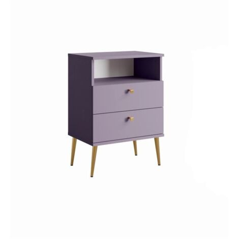 Table de chevet AURORA – 2 tiroirs + niche – Violet et pieds dorés (1/3)