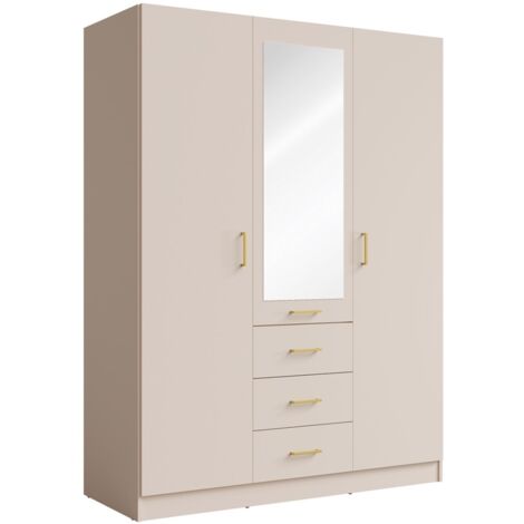 Armoire KALISTA 151 cm coloris sable avec miroir et 3 tiroirs – 3 portes battantes (1/4)