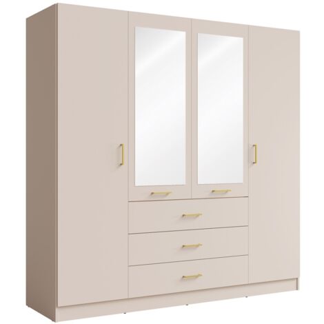 Armoire KALISTA 200 cm COLORIS sable – 4 portes, 2 miroirs, 3 tiroirs, poignées dorées (1/4)
