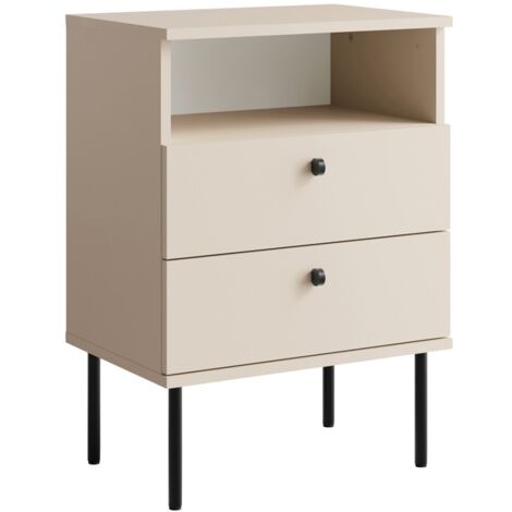 Table de Chevet 2 Tiroirs avec Niche – Coloris beige – Pieds droits et poignées noires – Collection Aurora (1/3)