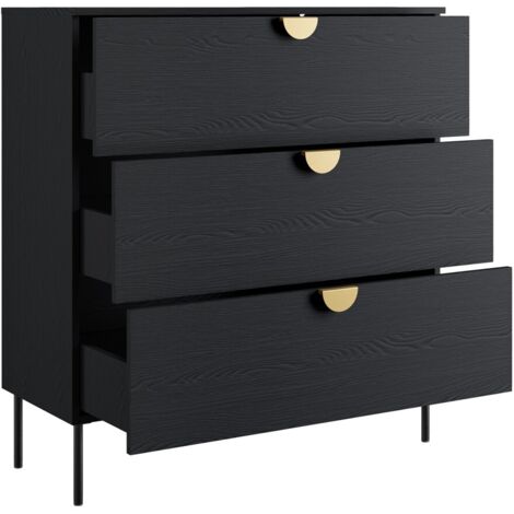 Commode MONDO – Noir structuré et doré – 3 tiroirs – Pieds métal ...