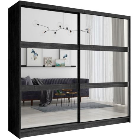 Armoire VELTIS 2 portes coulissantes avec miroir – L230 x H215 cm – Coloris frêne noir (1/4)