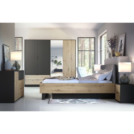 Chambre complète MELODY – Lit coffre 180x200 + armoire + commode + chevets – Noir graphite et chêne clair – Matelas non inclus (1/5)
