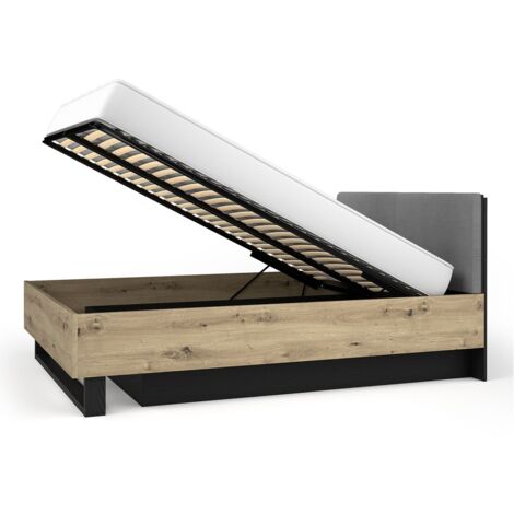 Lit coffre MELODY 160x200 cm – Tête de lit rembourrée – Noir graphite et chêne clair – 5 colis (1/4)