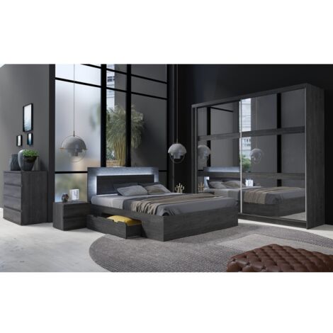 Chambre complète VELTIS – Lit 160x200 LED avec sommier + armoire + commode + chevets – Frêne noir