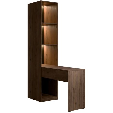 Extension coiffeuse NORVIK – Avec miroir, tiroir, LED intégrée et niches de rangement – Noyer et noir (1/3)