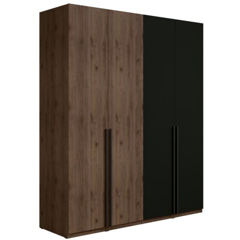 Armoire 4 portes NORVIK – Coloris noyer et noir – Rangement optimisé avec penderie et étagères (1/3)