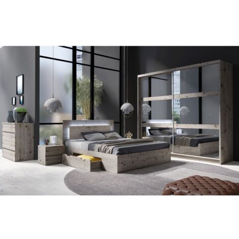 Meublorama – Chambre complète VELTIS – Lit 160x200 cm avec sommier et LED – Armoire miroir 2 portes – Commode 4 tiroirs et 2 chevets en chêne Wellington (1/5)