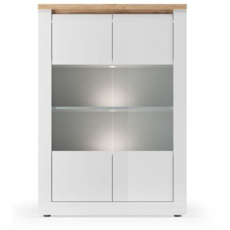 Vitrine SASHA – 2 portes vitrées +3 étagères avec LED intégrée – Blanc laqué et Chêne Cadiz