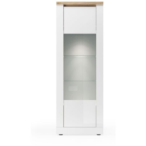 Vitrine SASHA – 1 porte et LED intégrée – Blanc laqué et Chêne Cadiz (1/5)
