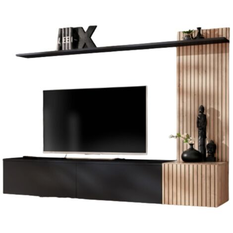 Meublorama – Composition murale LIPA – Meuble TV avec 3 portes abattantes – Finition mate noire et effet bois Hickory Jackson – Dimensions L180 × H130 × P40 cm