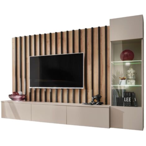 Meublorama – Composition murale TASHYA – Ensemble meuble TV avec vitrine suspendue – Chêne artisan et blanc sable – Éclairage LED inclus