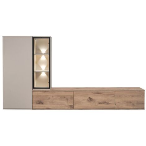 Meublorama – Composition murale CALIRE – Meuble TV avec 3 portes abattantes – Chêne Vicking et finition Cashmere – Rangement suspendu avec éclairage LED
