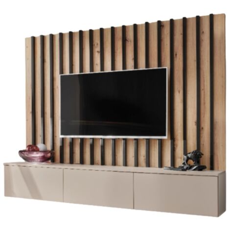Meublorama – Composition murale TASHYA – Meuble TV avec 3 portes abattantes – Chêne Artisan et blanc sable – Dimensions L180 x H148 x P35 cm (1/4)