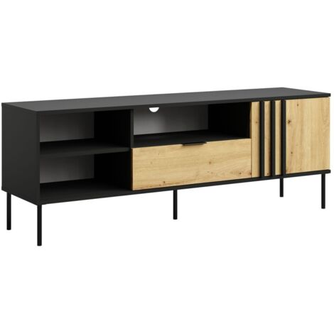 Meuble TV design IZO – Noir onyx & Chêne clair – 160x58x40 cm (1/4)