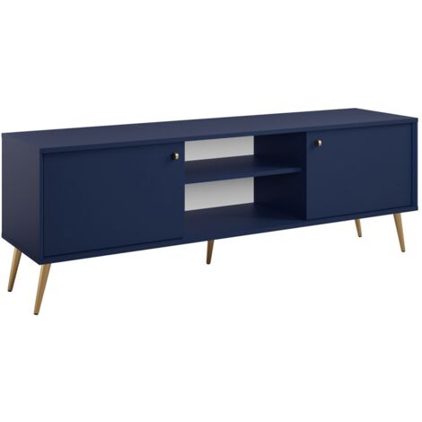 Meuble TV design AZURÉA – 2 portes & 2 niches – Bleu profond – 156x55x41 cm (1/5)
