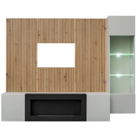 Composition murale IXAR – Meuble TV, vitrine suspendue, panneaux muraux et cheminée bio-éthanol (1/3)