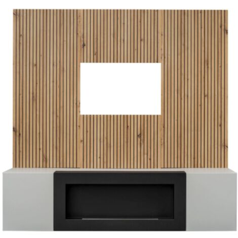Meublorama – Composition murale IXAR – Meuble TV avec cheminée bio-éthanol – Panneaux muraux décoratifs en MDF et métal – Dimensions L160 × H158 × P40 cm