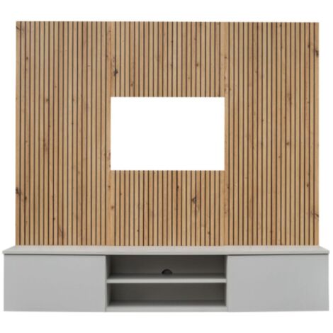 Meublorama – Composition murale IXAR – Meuble TV 160x30cm en panneaux stratifiés – Panneaux décoratifs gris perle et chêne artisan – Système push-to-open