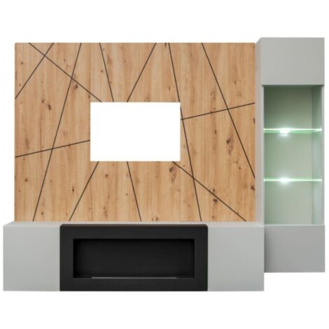 Composition murale IXAR géométrique – Meuble TV, vitrine suspendue, panneaux muraux et cheminée bio-éthanol (1/3)