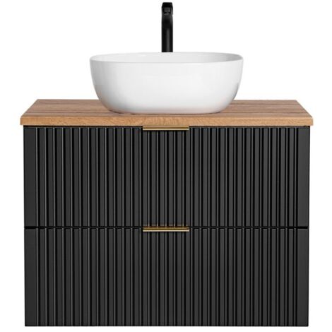 Ensemble meuble sous vasque NOXERA 80 cm – Noir mat et chêne – 2 tiroirs + 2 niches + vasque (1/2)