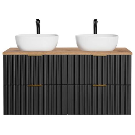 Ensemble meuble sous vasque NOXERA 120 cm – Noir mat et chêne – 2 meubles + plan + double vasque
