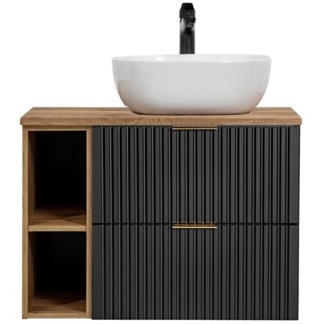 Ensemble meuble sous vasque NOXERA 80 cm – Noir mat et chêne – 2 tiroirs + 2 niches + vasque (1/2)