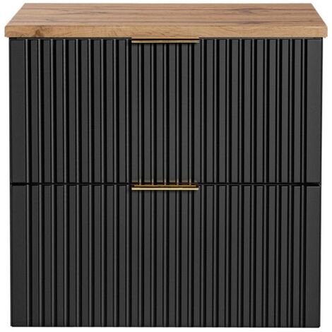Ensemble meuble sous vasque NOXERA 60 cm – Noir mat et chêne – 2 tiroirs + plan vasque (1/2)