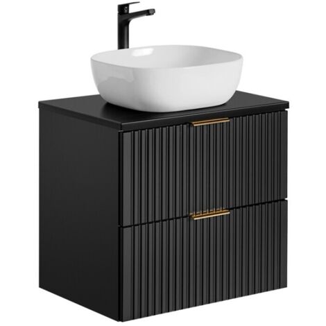 Meuble sous vasque NOXERA 60 cm – Noir mat – 2 tiroirs + plan vasque + vasque (1/2)