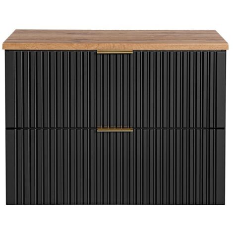 Ensemble meuble sous vasque NOXERA 80 cm – Noir mat et chêne – 2 tiroirs + 2 niches + plan vasque (1/2)
