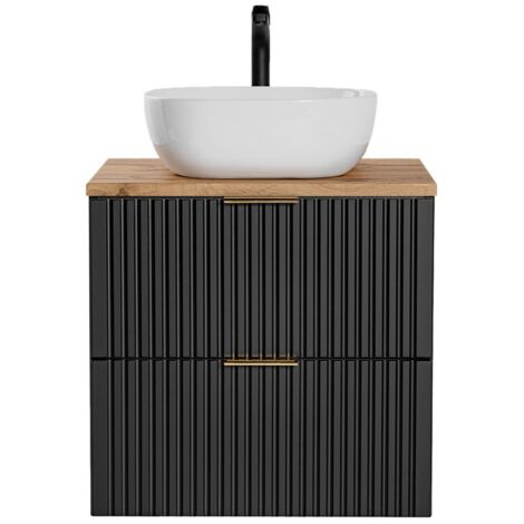 Ensemble meuble sous vasque NOXERA 60 cm – Noir mat et chêne – 2 tiroirs + plan + vasque (1/2)