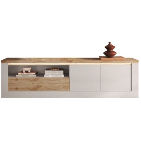 Banc TV SASHA – 2 portes, 1 tiroir et 1 niche ouverte avec LED – Blanc laqué et chêne Cadiz (1/5)